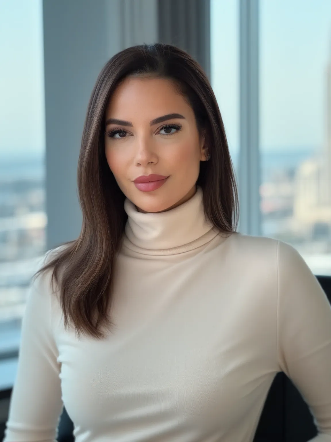 Portrait IA professionnel de femme en col roulé blanc, bureau chic