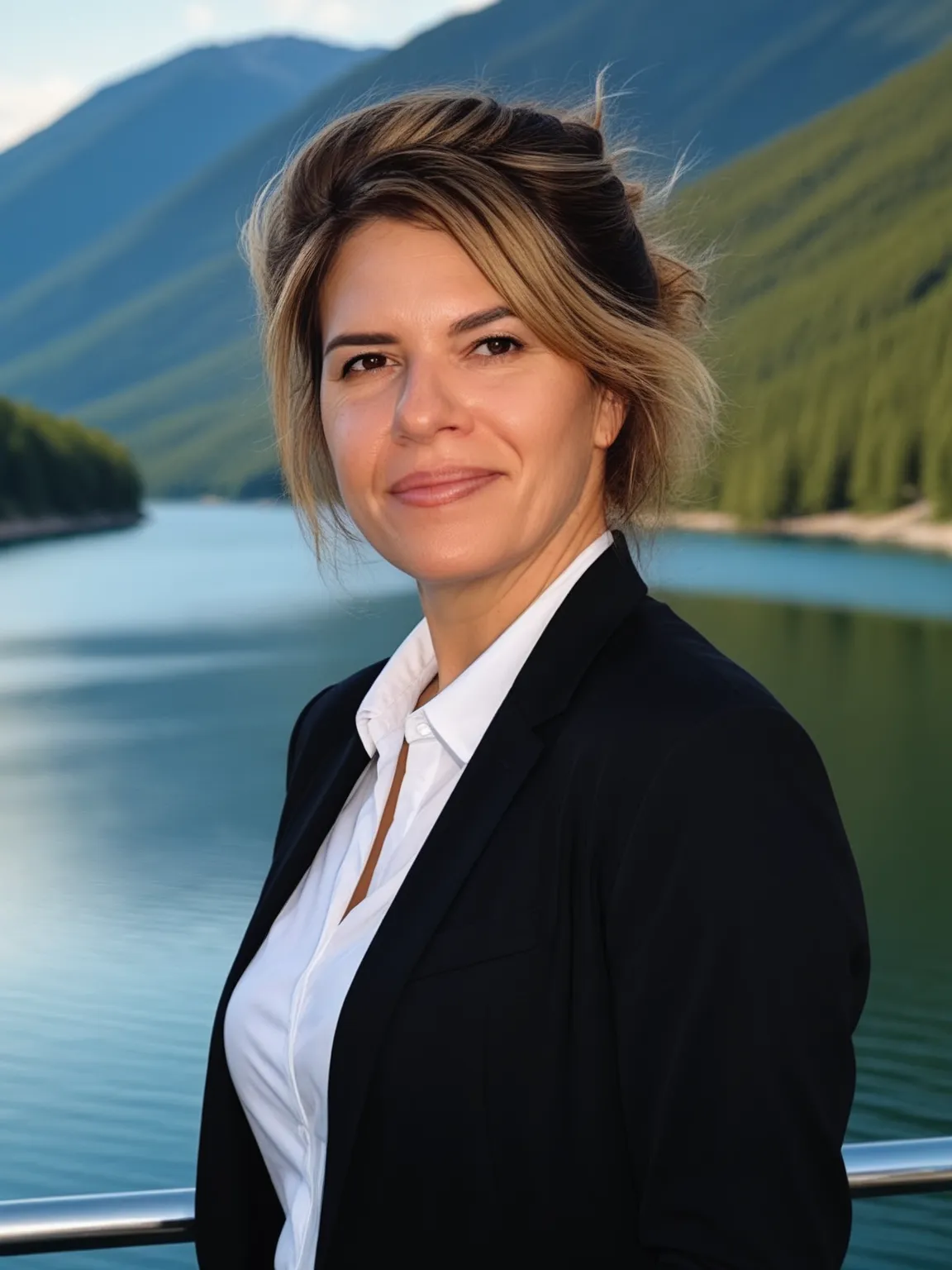 Portrait professionnel IA de femme en costume noir au bord d'un lac