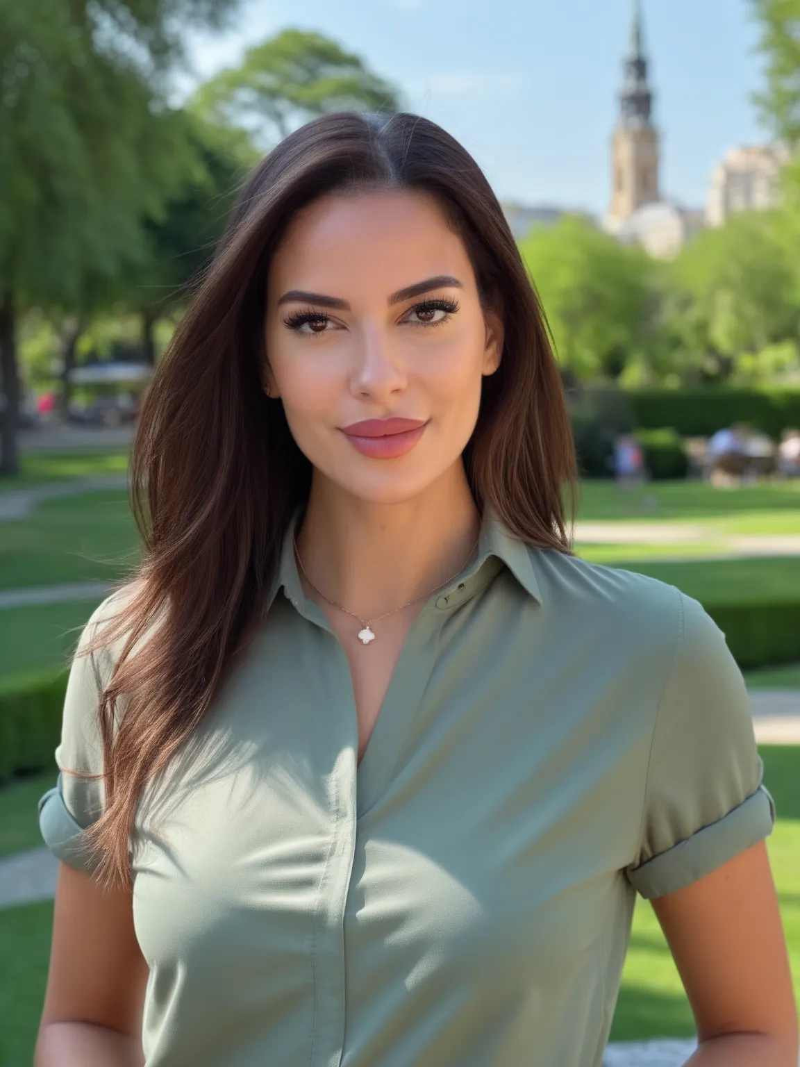 Portrait IA de femme en chemise verte, parc naturel ensoleillé