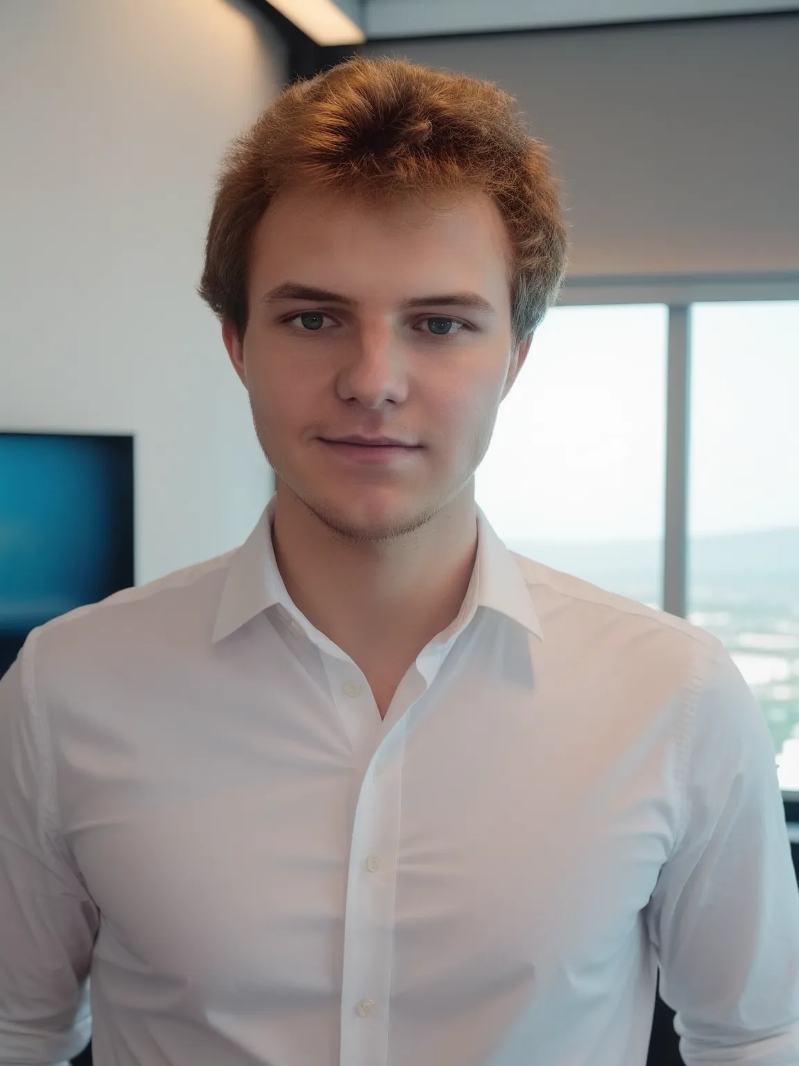 Image IA d'un homme en chemise blanche, environnement de bureau moderne