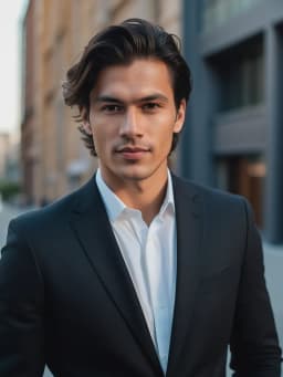 Portrait pro avec IA par PhotoMaintenant d'un utilisateur homme en costume noir sur fond de ville