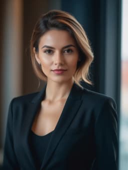 Portrait IA par PhotoMaintenant d'une utilisatrice femme en costume noir dans un bureau