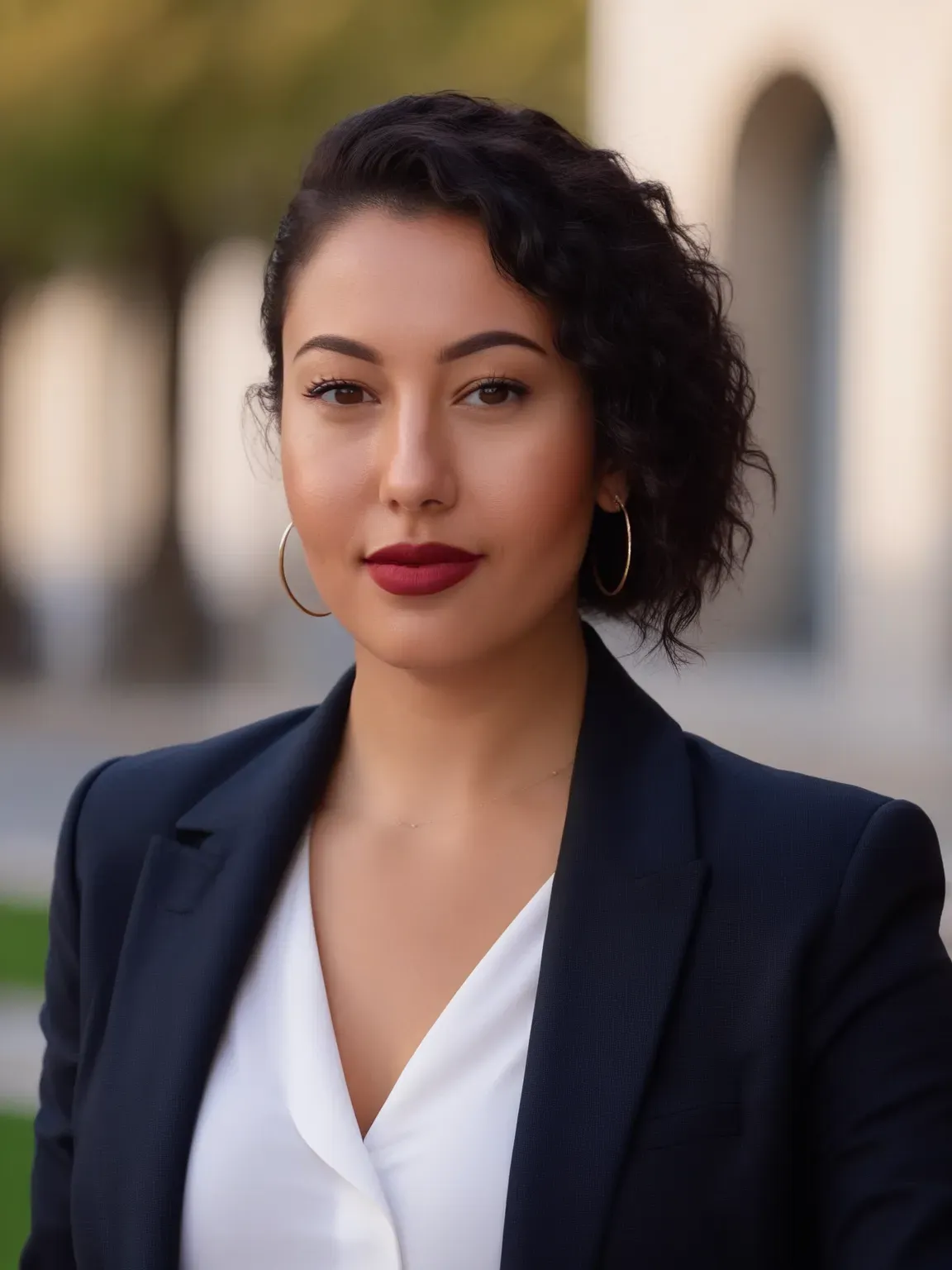 hotographie IA, Femme en costume noir, avec un arrière-plan urbain par PhotoMaintenant