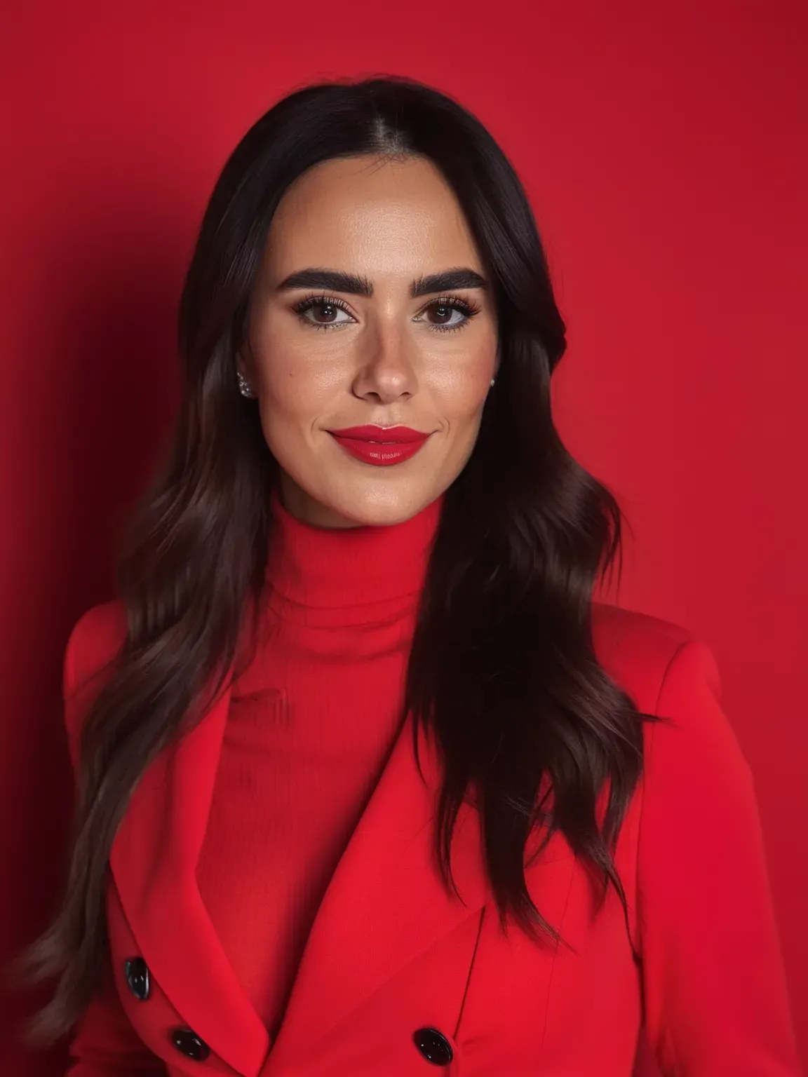 Photo IA de femme en costume rouge sur fond rouge, créée avec PhotoMaintenant