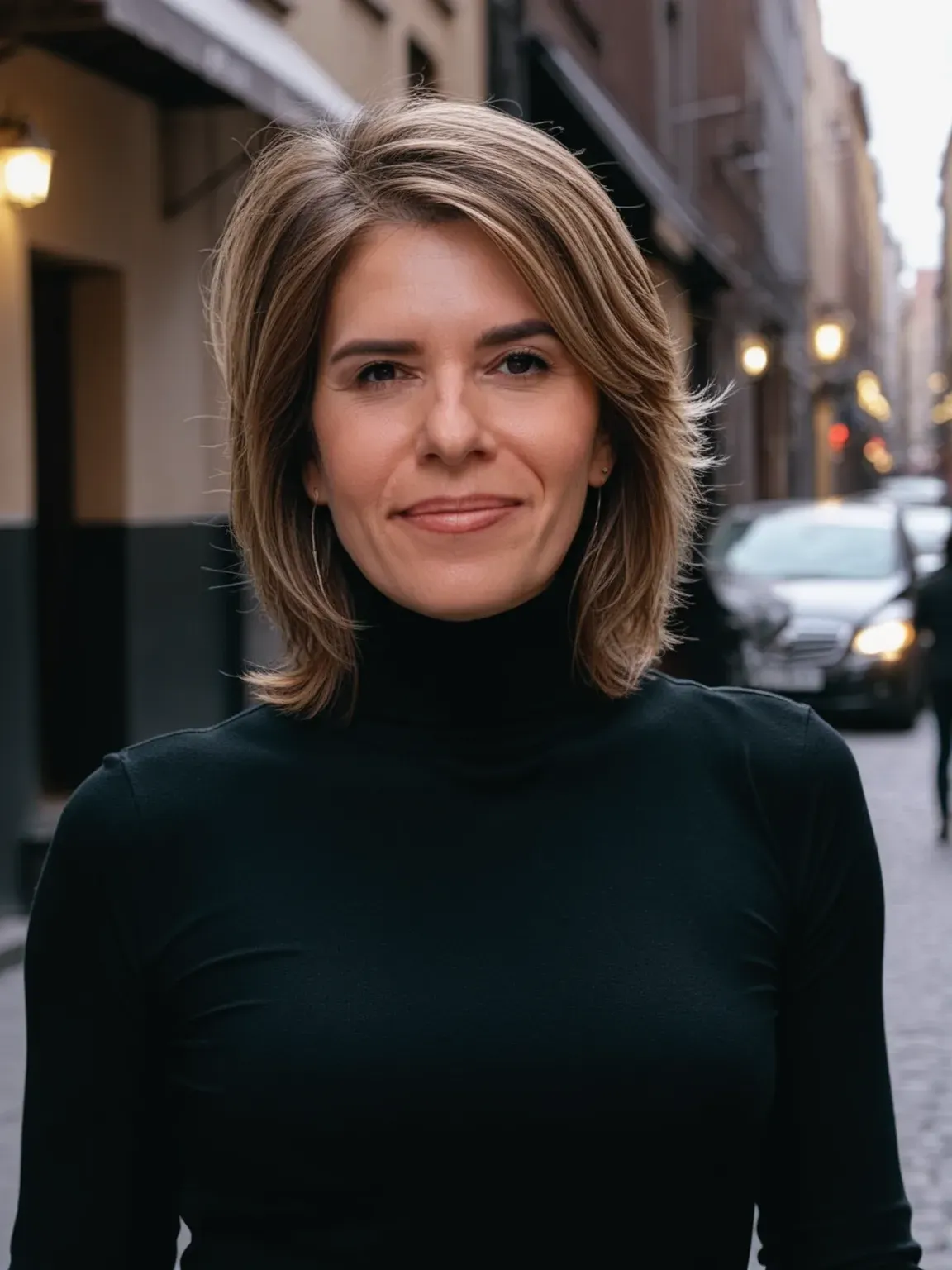 Portrait IA avec PhotoMaintenant, d'une femme en col roulé noir avec un fond de ville