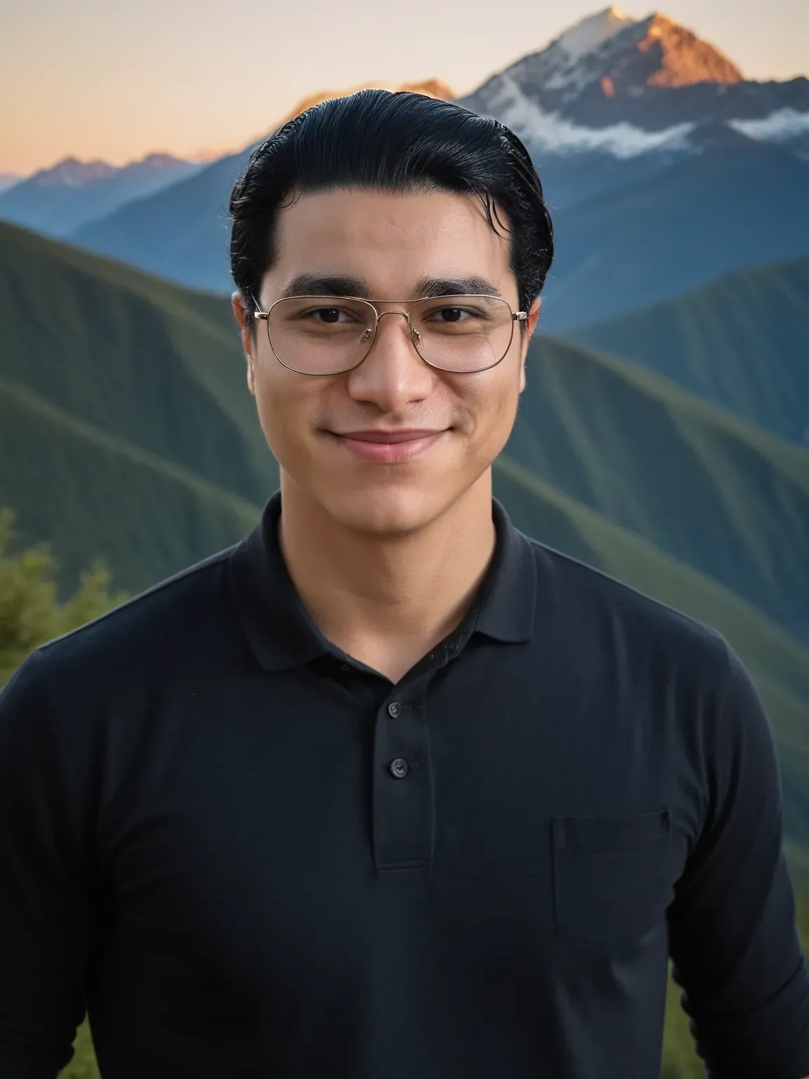 Portrait pro IA d'un homme en pull noir dans un paysage montagneux