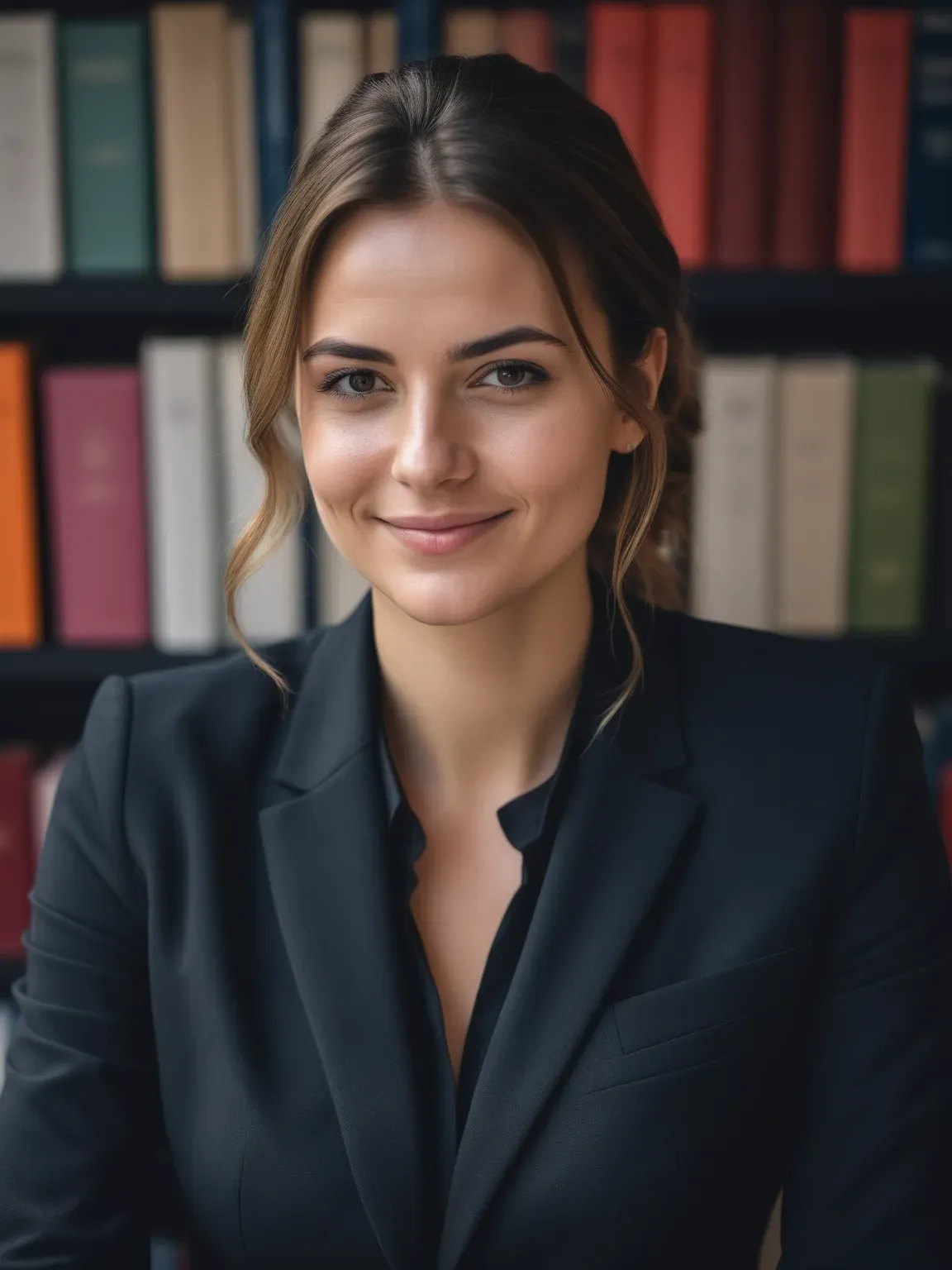 Ia photo pro de Femme en costume noir sur fond de bibliothèque