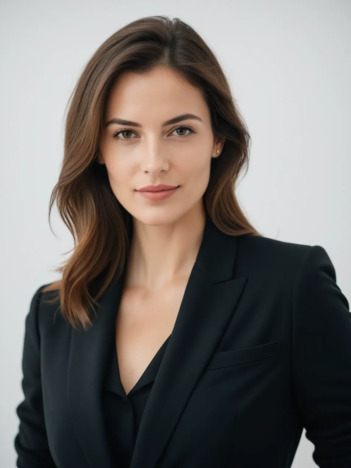 Ia photo de Femme en costume noir sur fond blanc