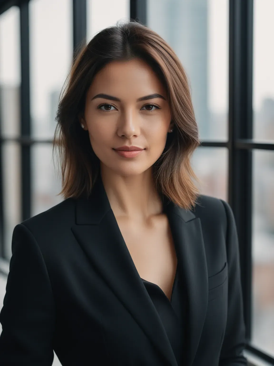 Ia photo de Femme en costume noir devant une fenêtre