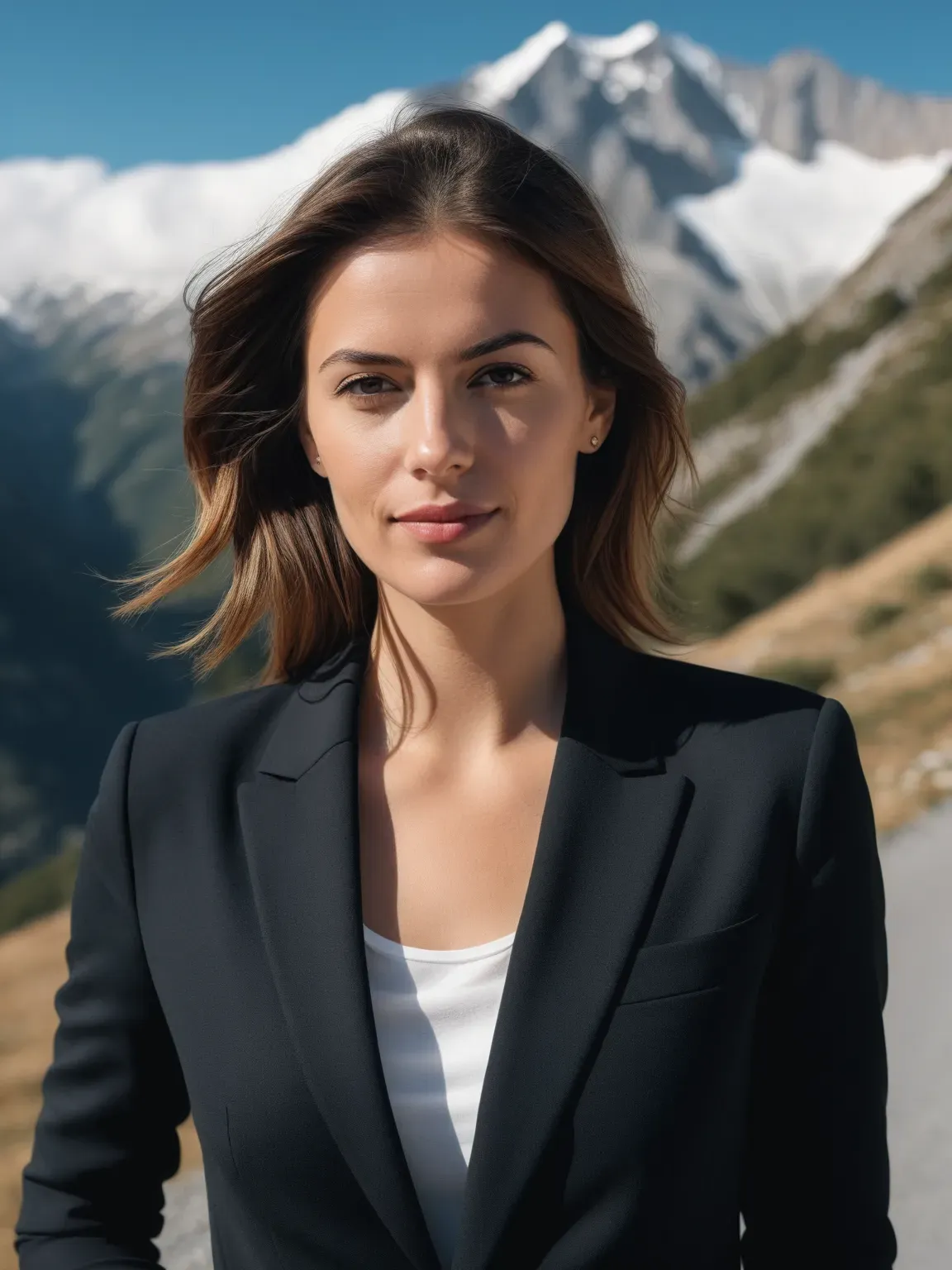 Ia photo professionnelle de Femme en costume noir sur fond de montagne