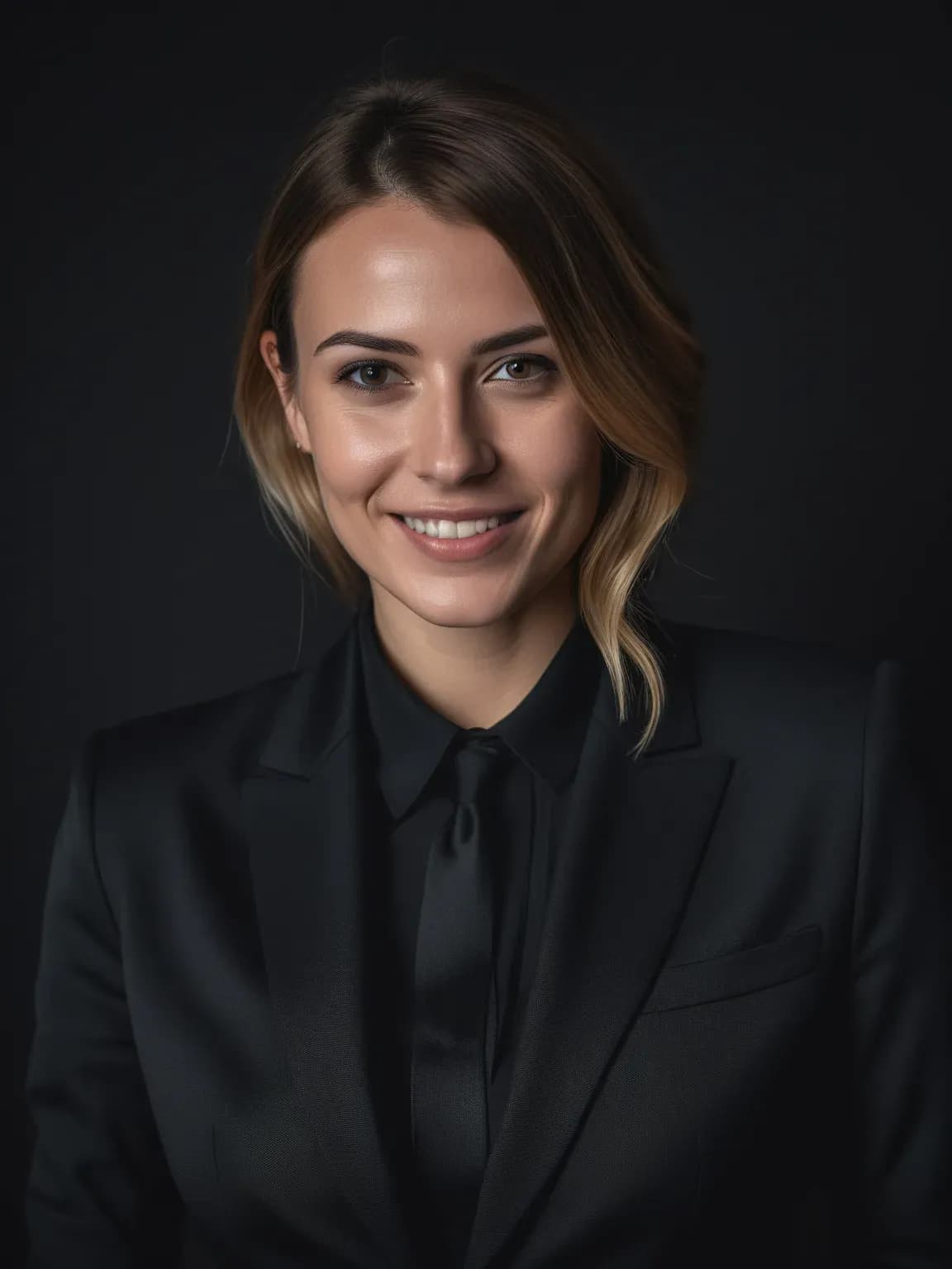 Photo professionnelle ia de Femme en costume noir sur fond noir