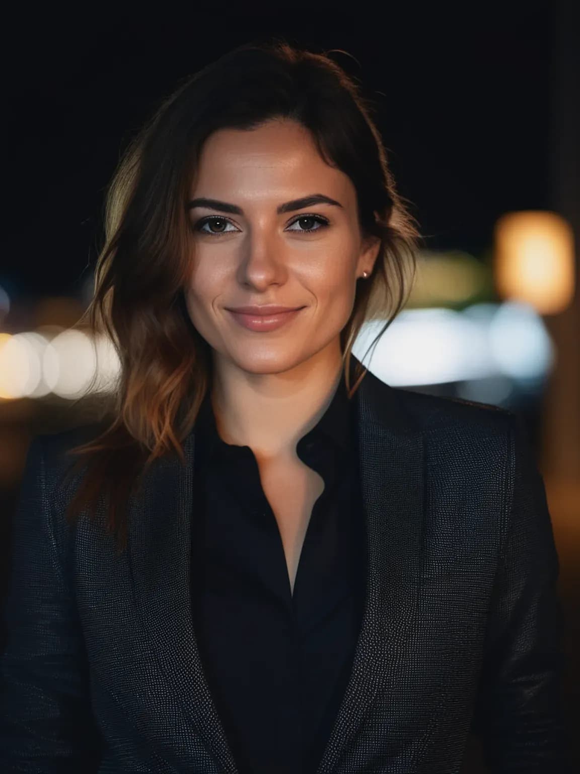 Ia photo professionnelle de Femme en costume noir sur fond de nuit