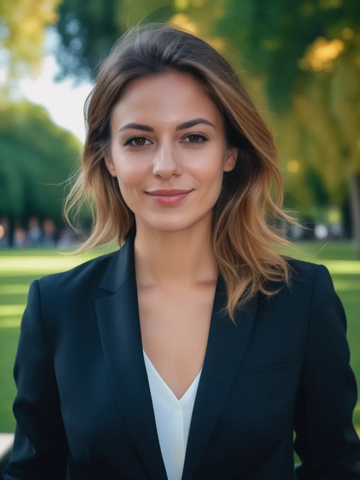 Ia photo de Femme en costume noir dans un parc