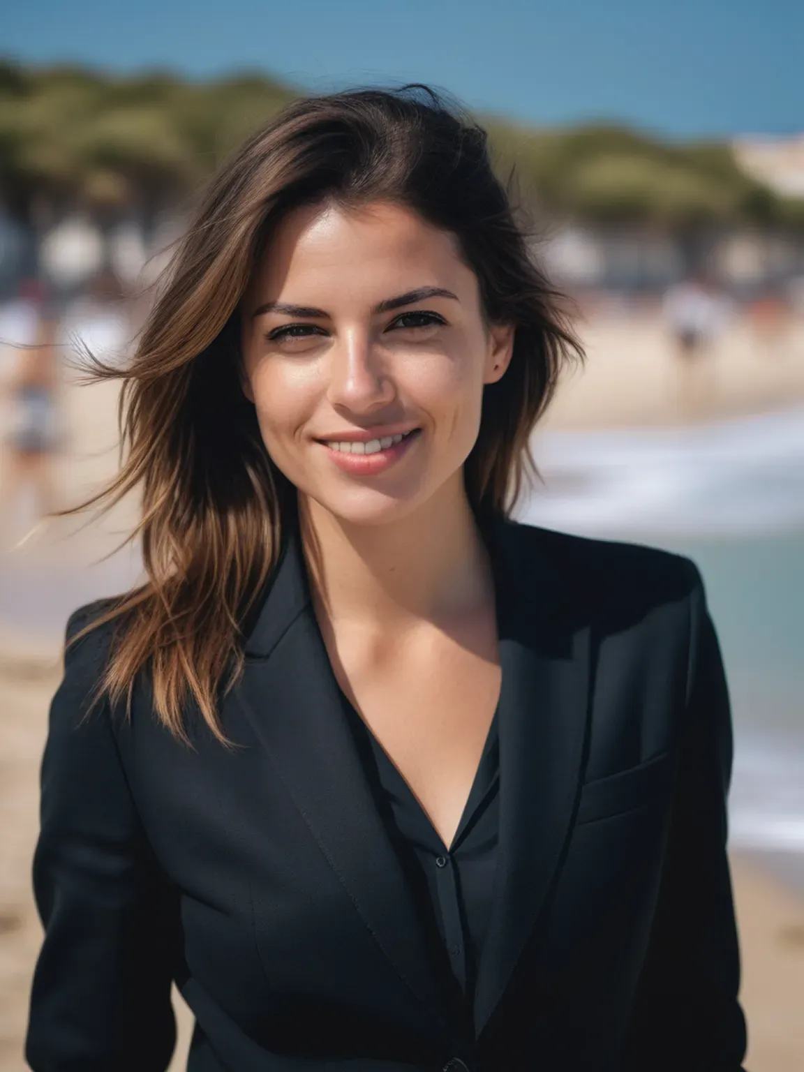 Ia photo de Femme en costume noir sur fond de plage