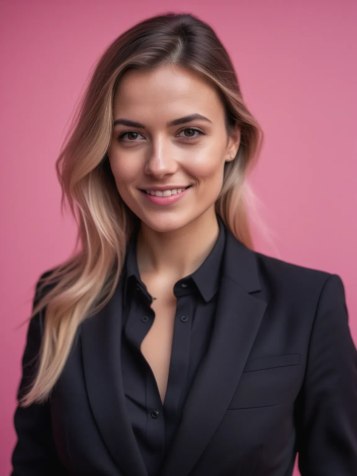 Photo professionnelle ia de Femme en costume noir sur fond rose