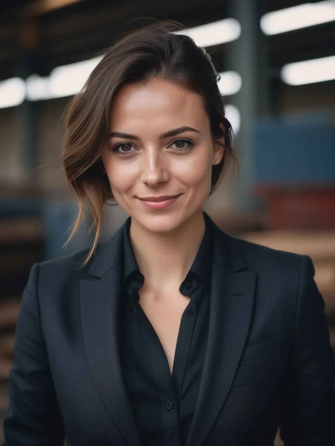 Photo professionnelle ia de Femme en costume noir sur fond d'usine