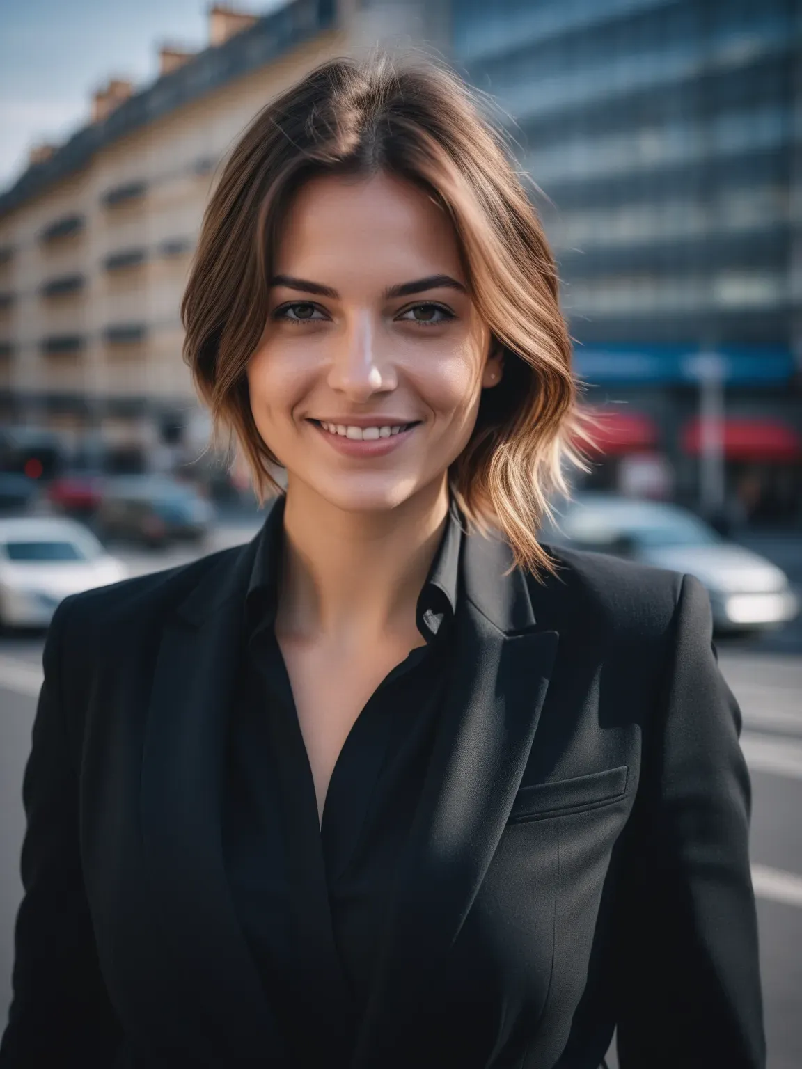 Ia photo de Femme en costume noir avec un fond urbain