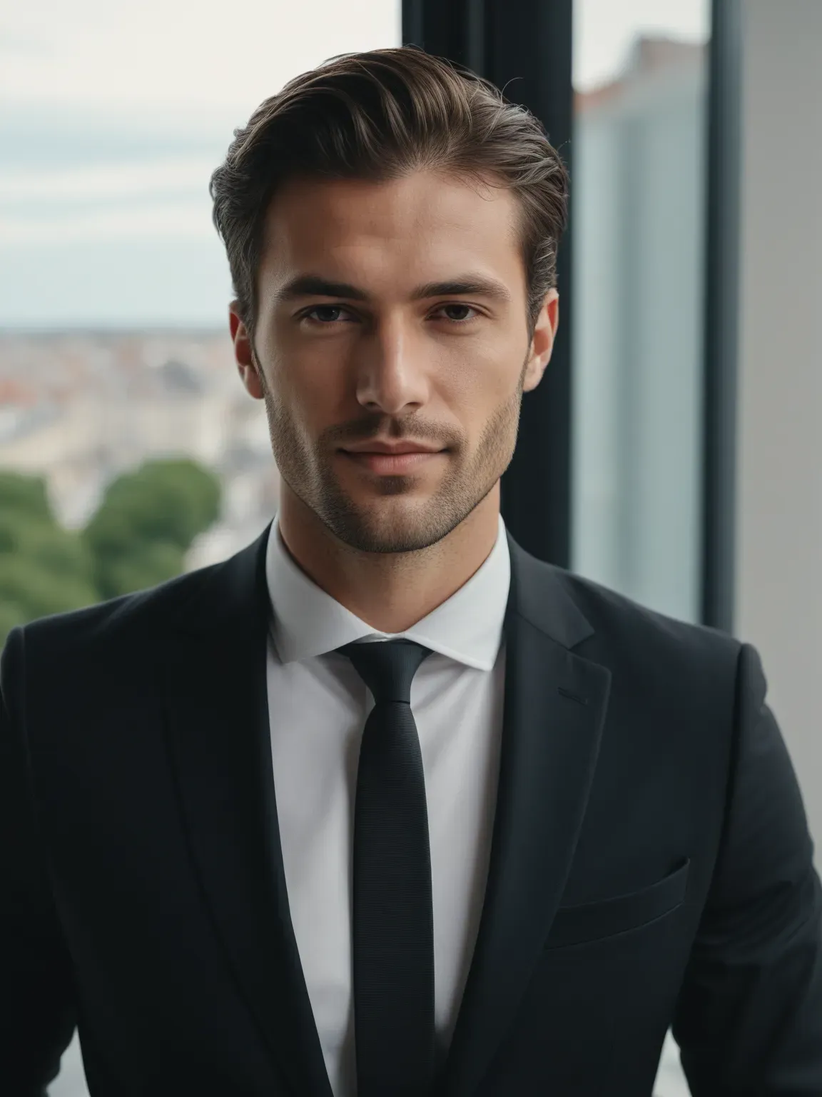 Photo professionnelle ia de Homme en costume noir devant une fenêtre