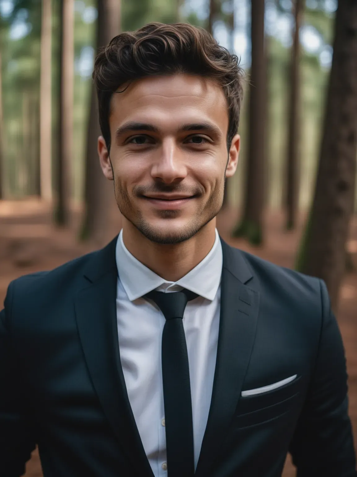 Ia photo pro de Homme en costume noir sur fond de forêt