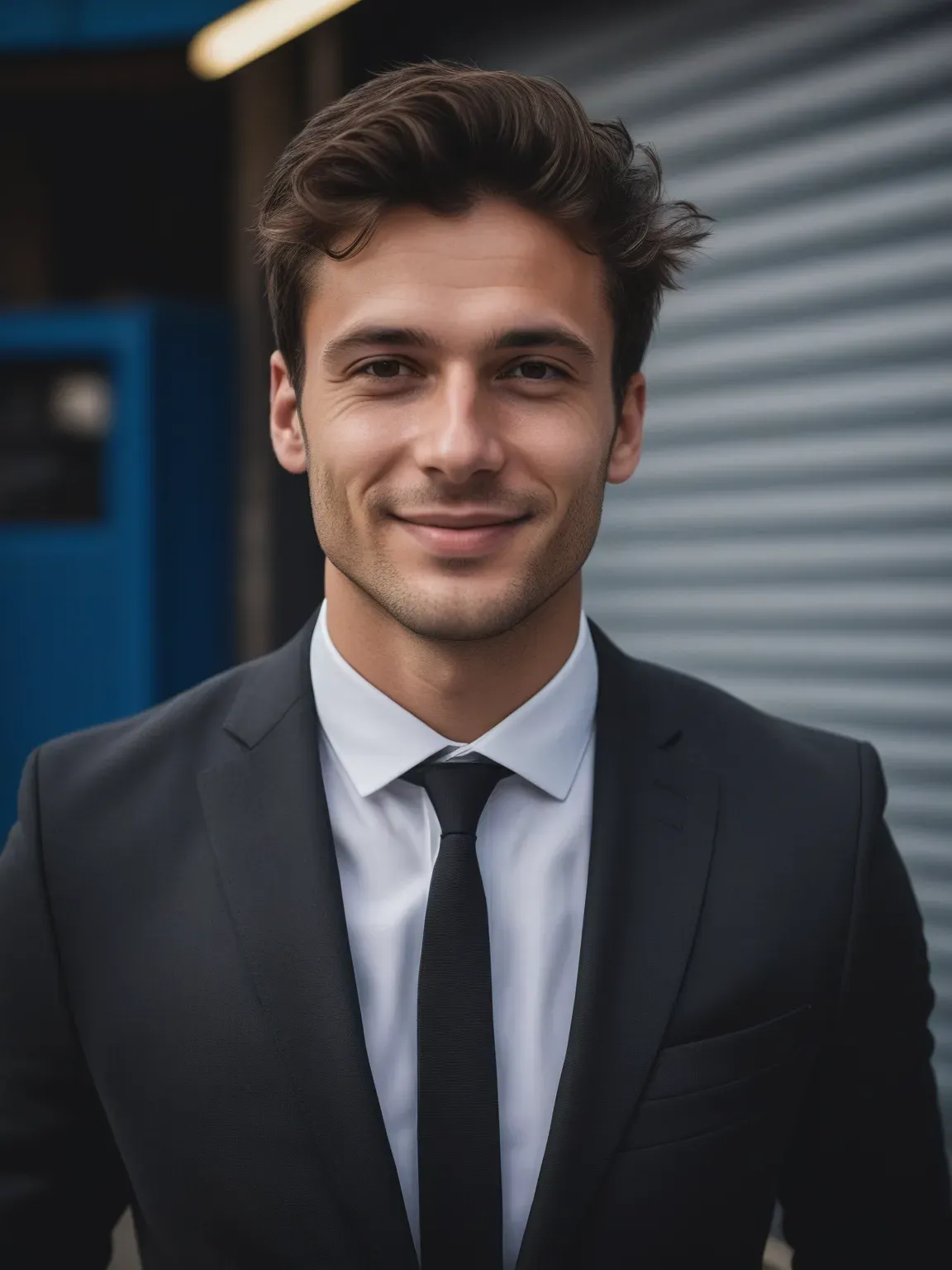 Ia photo de Homme en costume noir sur fond de garage