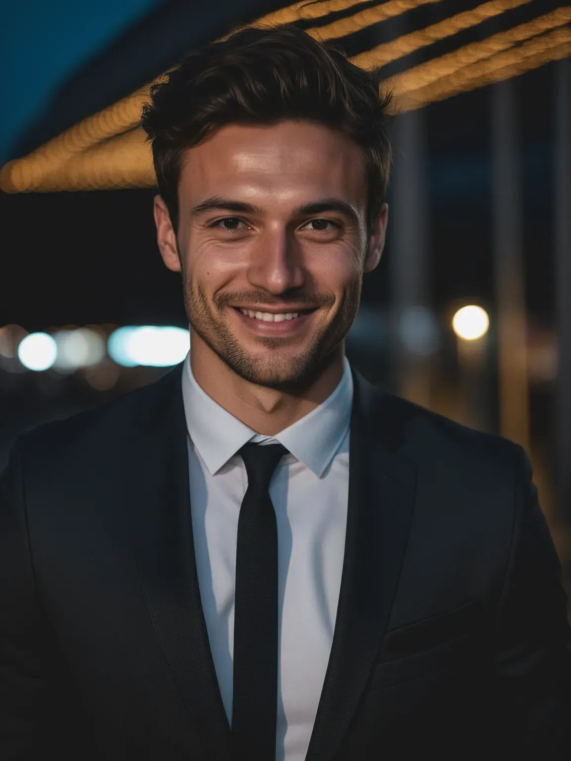 Photo professionnelle ia de Homme en costume noir sur fond de nuit