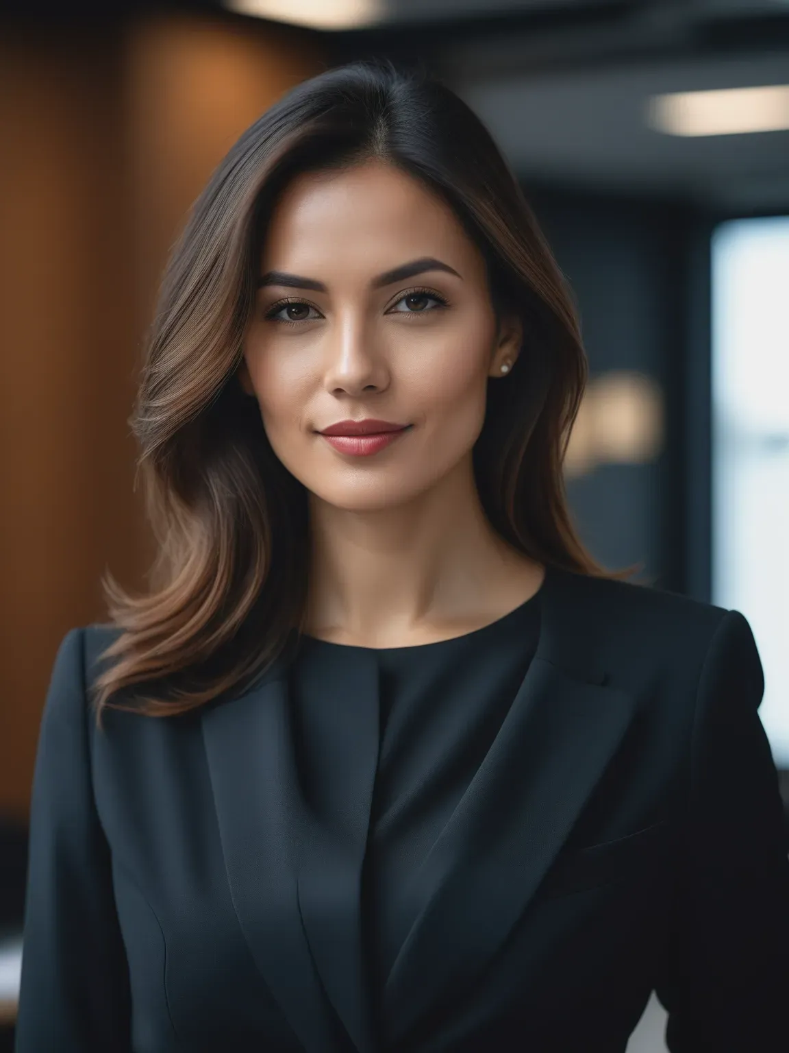 Portrait IA par PhotoMaintenant d'une utilisatrice femme en costume noir dans un bureau
