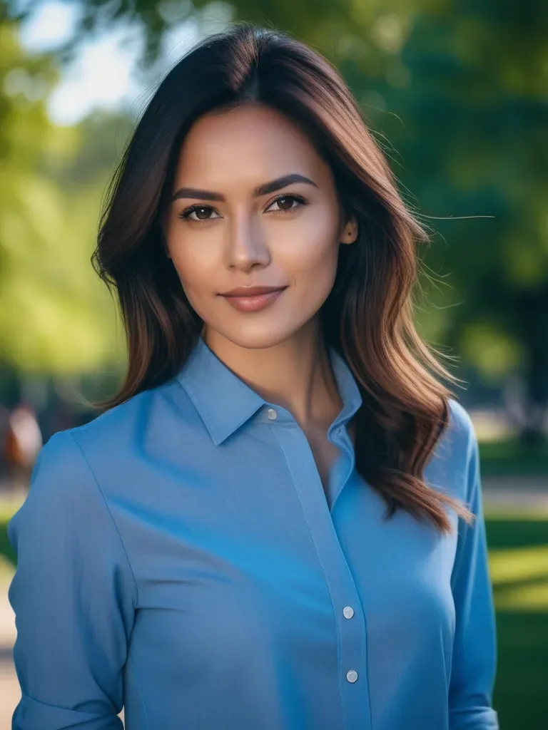 Portrait professionnel IA par PhotoMaintenant d'une utilisatrice femme en chemise bleue dans un parc